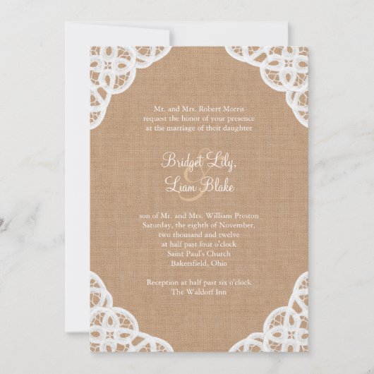 Rustic Lace & Medium Burlap Wedding Invitation Kaart (Voorkant)