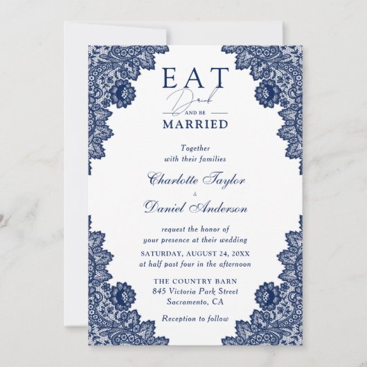 Rustic Lace Navy Blue Eat Drink en moet getrouwd z Kaart (Voorkant)