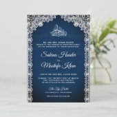  Rustic Lace Navy Blue Islamic Wedding Kaart (Staand voorkant)