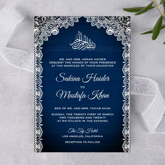  Rustic Lace Navy Blue Islamic Wedding Kaart