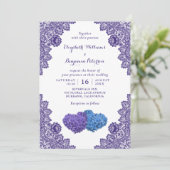 Rustic Lace Paars en Blue Floral Wedding Kaart (Staand voorkant)