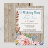 Rustic Lace Pink Rose Bouquet Birthday Uitnodiging (Voorkant / Achterkant)