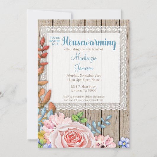 Rustic Lace Pink Rose Housewarming Invitation Kaart (Voorkant)