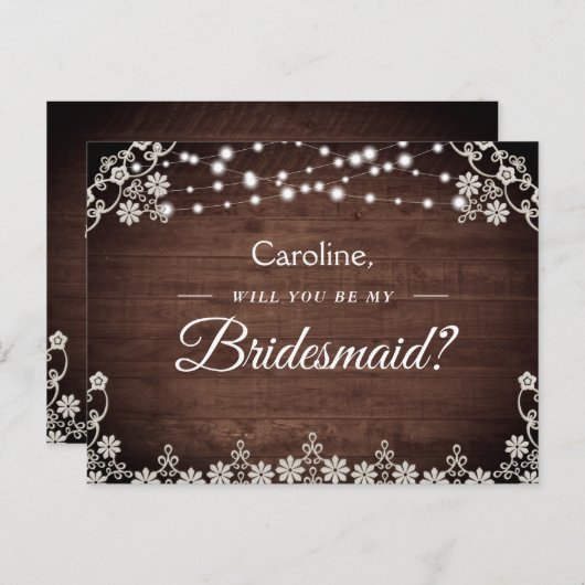 Rustic Lace String Light zal mijn Bridesmaid zijn Uitnodiging Briefkaart (Voorkant / Achterkant)