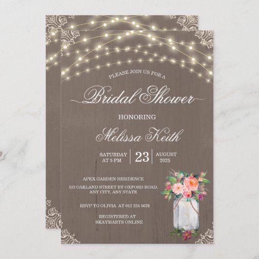 Rustic Lace String Lights Mason Jar Vrijgezellenfe Kaart (Voorkant / Achterkant)