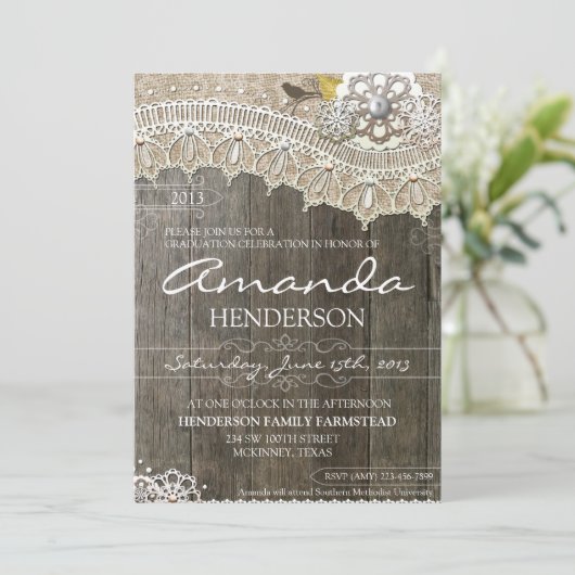 Rustic Lace Wood Afstuderen Uitnodiging (Staand voorkant)