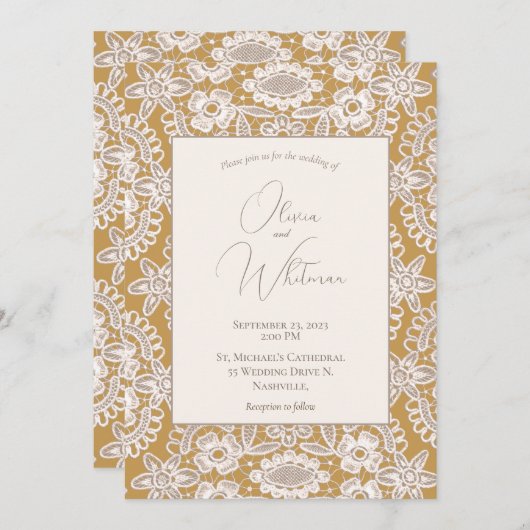 Rustic Lace Yellow Wedding Invitations Kaart (Voorkant / Achterkant)