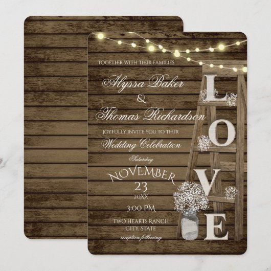 Rustic Ladder and Lights Love Wedding Invitation Kaart (Voorkant / Achterkant)