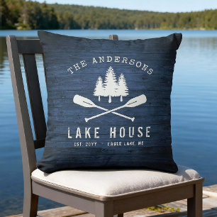 Rustic Lake House Boat Oars Trees Blue Wood Print Buitenkussen