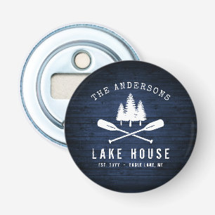 Rustic Lake House Boat Oars Trees Blue Wood Print Button Flesopener