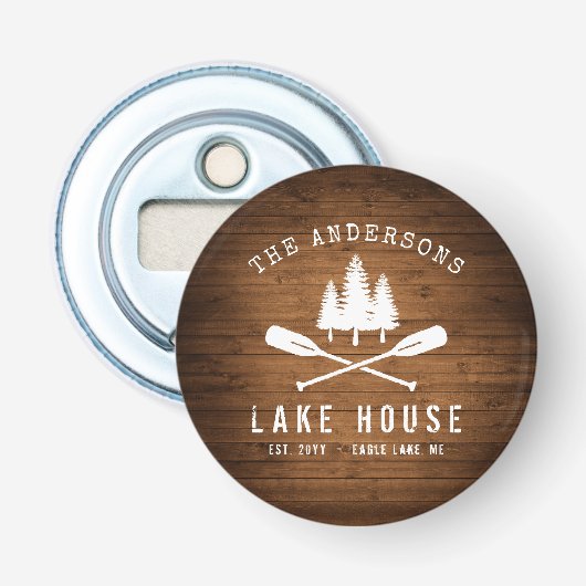 Rustic Lake House Boat Oars Trees Wood Print Button Flesopener (Voorkant)