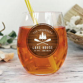 Rustic Lake House Boat Oars Trees Wood Print Wijnglas Zonder Voet