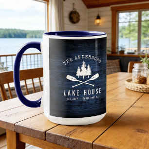 Rustic Lake House Oars Trees Blue Wood Print Large Mok