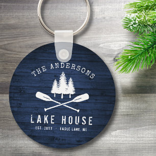 Rustic Lake House Oars Trees Blue Wood Print Round Sleutelhanger