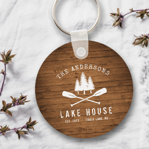 Rustic Lake House Oars Trees Wood Print Round Sleutelhanger