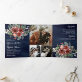 Rustic Land Marsala Floral Navy Blue Wedding Drieluik Uitnodiging (Binnen)