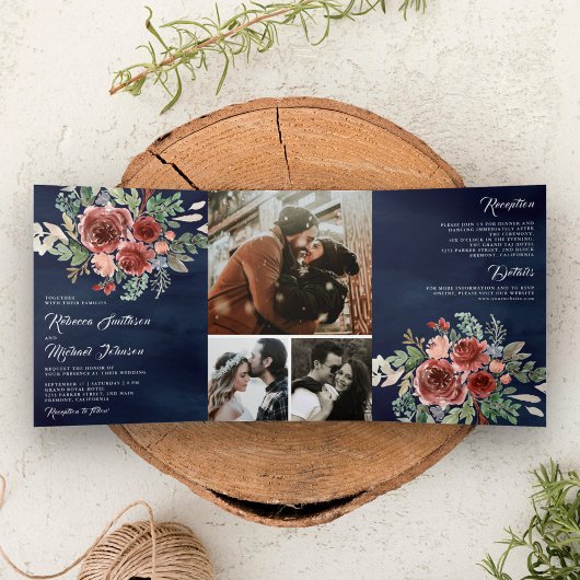 Rustic Land Marsala Floral Navy Blue Wedding Drieluik Uitnodiging