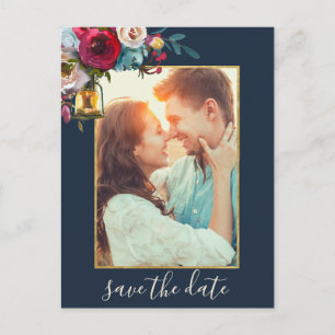 Rustic Lantern Burgundy Navy Photo Save the Date Aankondigingskaart