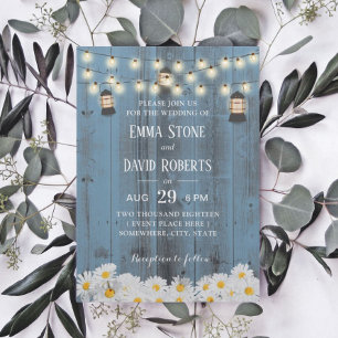 Rustic Lantern & Daisy Flowers Dusty Blue Wedding Kaart