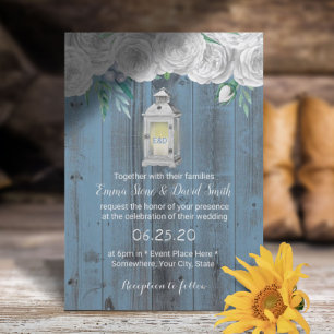 Rustic Lantern Dusty Blue Floral Wedding Kaart