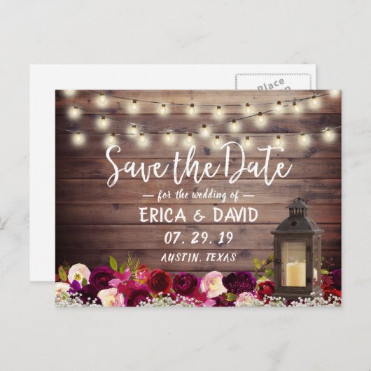 Rustic Lantern Floral Barn Save the Date Aankondigingskaart (Voorkant / Achterkant)
