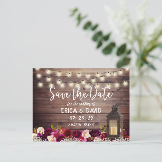 Rustic Lantern Floral Barn Save the Date Aankondigingskaart (Staand voorkant)