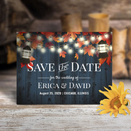 Rustic Lantern Herfst Navy Barn Wood Save the Date Aankondigingskaart