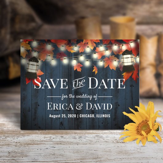 Rustic Lantern Herfst Navy Barn Wood Save the Date Aankondigingskaart