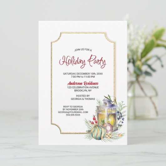 Rustic Lantern Holiday Party Uitnodiging (Staand voorkant)