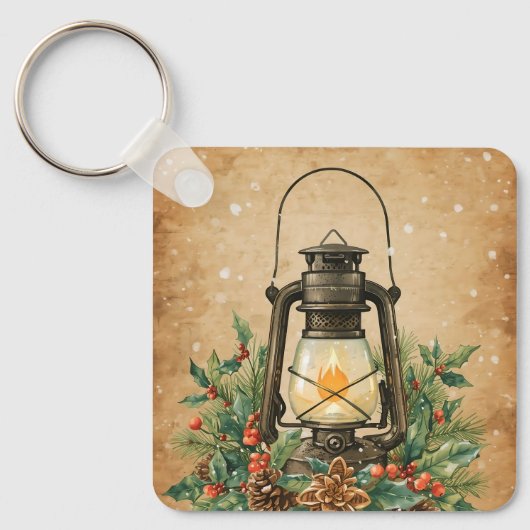 Rustic lantern holly pine festive winter christmas sleutelhanger (Voorkant)