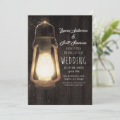 Rustic Lantern Lights Brown Barn Wood Wedding Kaart (Staand voorkant)