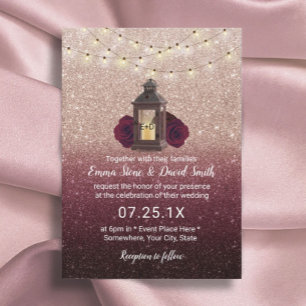 Rustic Lantern Modern Burgundy Roos Gold Wedding Kaart