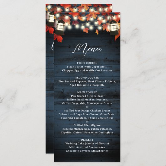 Rustic Lantern Navy Barn Wood Fall Wedding Menu (Voorkant / Achterkant)
