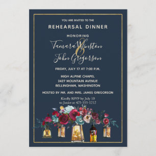 Rustic Lantern Navy Burgundy Rehearsal Dinner Kaart