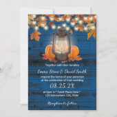 Rustic Lantern & Pumpkins Navy Blue Fall Wedding Kaart (Voorkant)