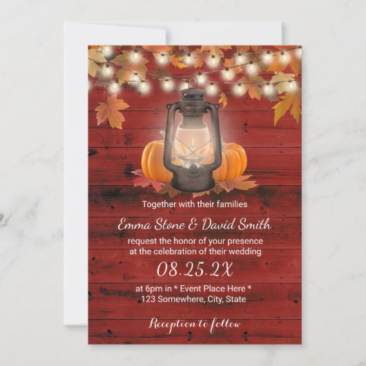 Rustic Lantern & Pumpkins Red Barn Fall Wedding Kaart (Voorkant)