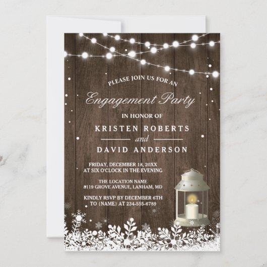 Rustic Lantern Snowflakes Winter Engagement Party Kaart (Voorkant)