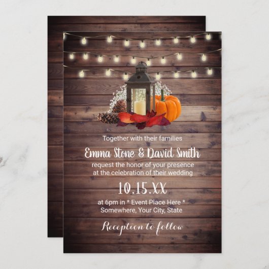 Rustic Lantern & String Lights Autumn Wedding Kaart (Voorkant / Achterkant)