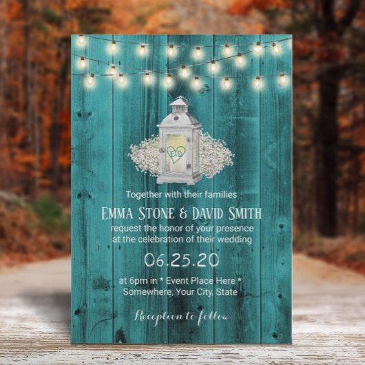 Rustic Lantern & String Lights Blauwgroen Barn Wed Kaart