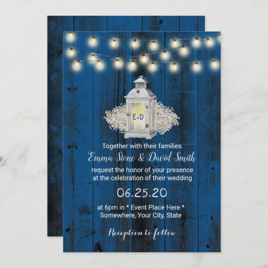 Rustic Lantern & String Lights Blue Barn Wedding Kaart (Voorkant / Achterkant)