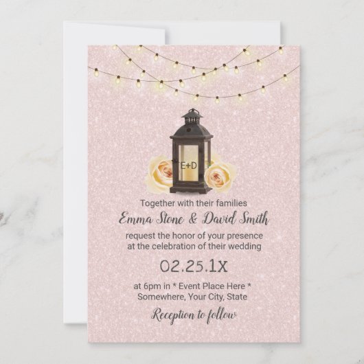 Rustic Lantern & String Lights Blush Pink Wedding Kaart (Voorkant)