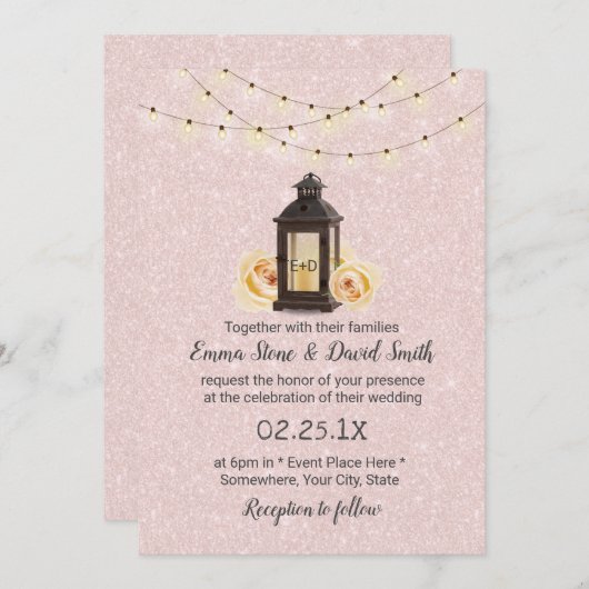 Rustic Lantern & String Lights Blush Pink Wedding Kaart (Voorkant / Achterkant)