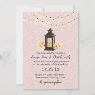 Rustic Lantern & String Lights Blush Pink Wedding Kaart