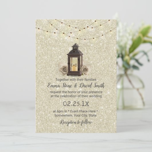 Rustic Lantern & String Lights Modern Wedding Kaart (Staand voorkant)
