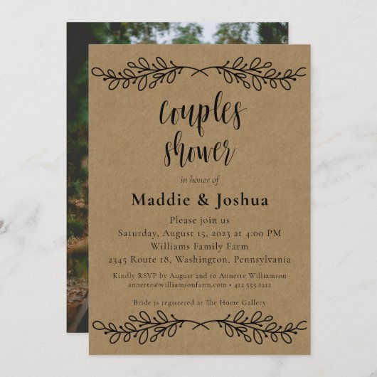 Rustic Laurel Kraft Photo Couples Invitation de do (Devant / Derrière)