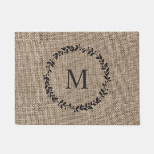 Rustic Laurel Wreath Farmhouse Burlap Monogrammed Deurmat