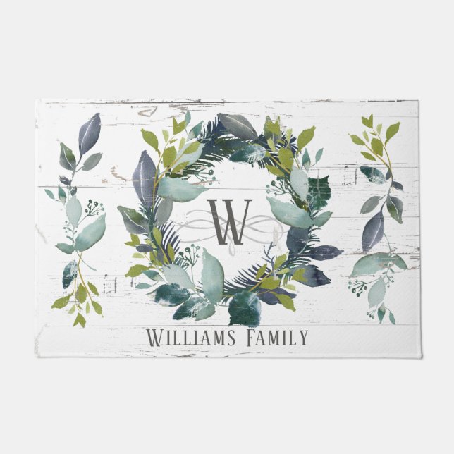Rustic Laurel Wreath Greenery Waterverf Initiaal Deurmat (Voorkant)