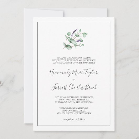 Rustic Lavender and Eucalyptus Formal Wedding Kaart (Voorkant)