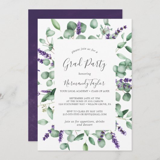 Rustic Lavender and Eucalyptus Graduation Party Kaart (Voorkant / Achterkant)