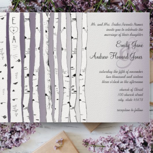 Rustic Lavender Birch Tree Wedding Invitations Kaart
